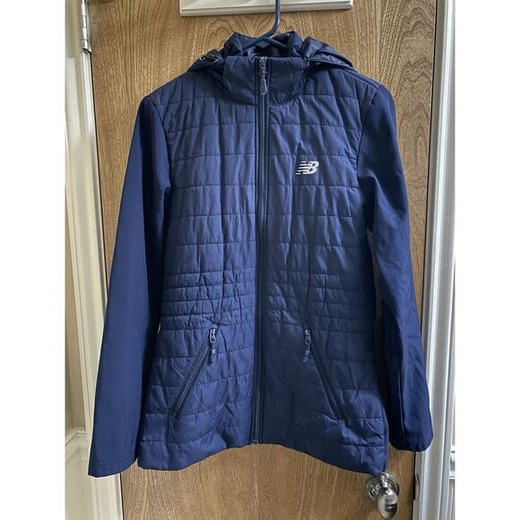 New Balance Quilted Fleece Running Jacket Navy Hooded Zip Side Pockets Sz Small - Picture 1 of 16